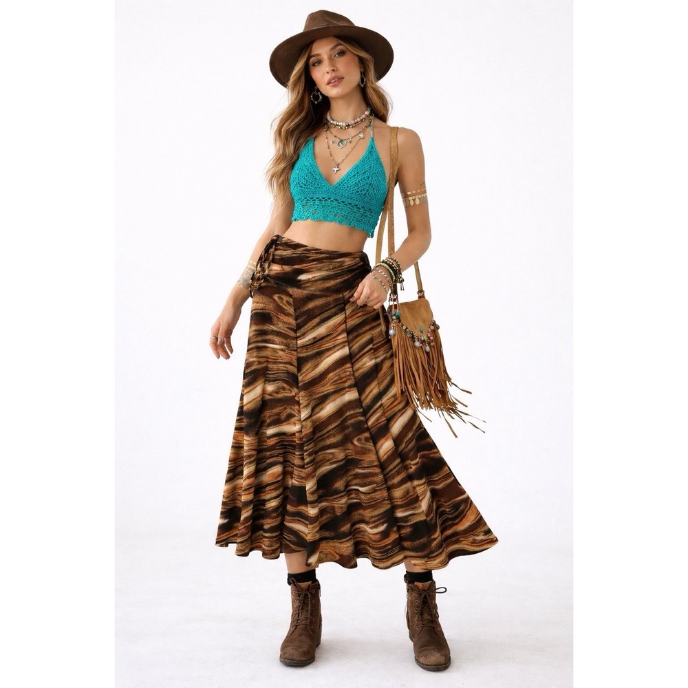 Y2K Women's Brown Marble Print Midi Skirt S Tie Waist Flowy Boho Festival Indie